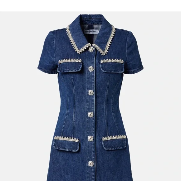 Self-Portrait Navy Denim Dress with Pearl Trim - Picture 1 of 6